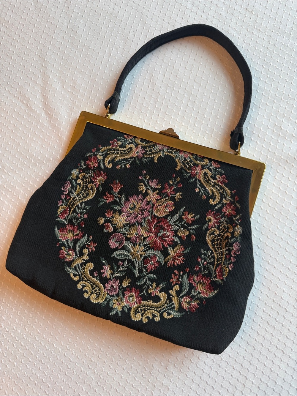 Vintage Black Floral Embroidered Frame Wristlet